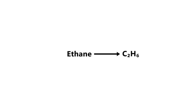 Ethane chemical formula conversion text animation on white background, for chemistry education, c2h6 science