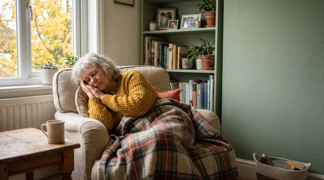 Senior woman sleeping in an armchair under a blanket at home. Autumn fatigue, seasonal illness, recovery, rest and healthy aging concept.