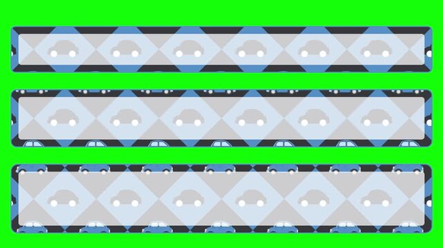 青色の乗用車を並べた斜市松模様のテロップベース／A lower-third title featuring a diagonal checkered pattern of blue passenger cars