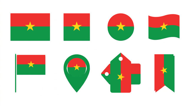 Burkina Faso flag icon set in different shapes, square rectangle circle flag pole pin tag banner design, national flag symbol collection isolated on white background for web app icons design
