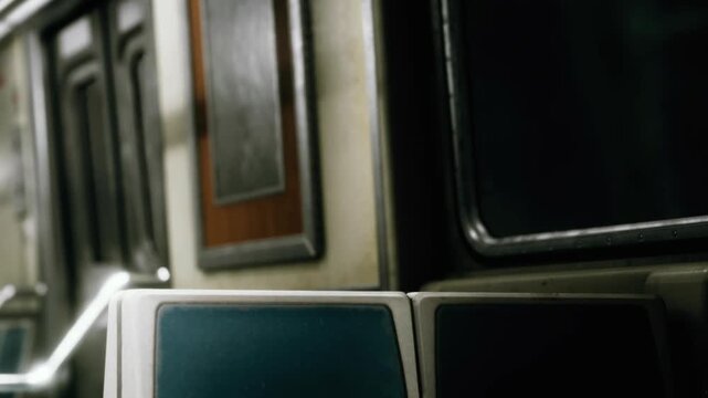 A subway car with empty seats and walls. The lighting casts shadows in the space. No passengers are present at this time. It appears to be during a less busy hour.