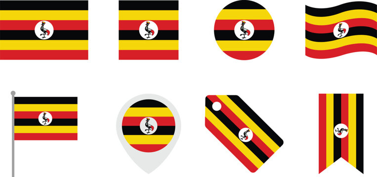 Uganda flag icon set in different shapes, square rectangle circle flag pole pin tag banner design, national flag symbol collection isolated on white background for web and app icons design