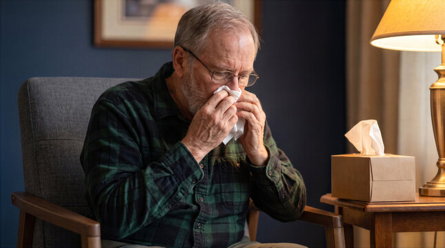 Senior man blowing his nose with a tissue at home. Autumn cold, runny nose, congestion, flu symptoms and elderly healthcare concept.