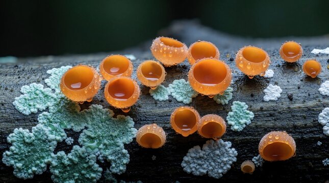 Small orange cup fungi grow on wet dark wooden log with white mold. Macro view of vibrant mushrooms with water drops in forest. Nature scene shows organic life cycles of mycena organisms on timber