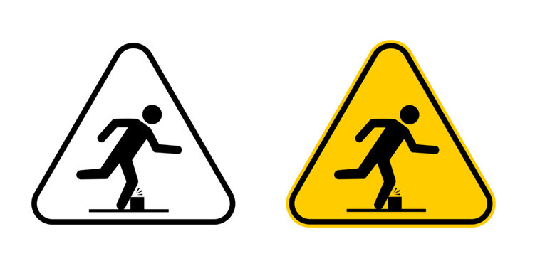 Trip hazard warning sign icons with watch your step symbol. Tripping hazard signage for industrial safety, warehouse and construction sites