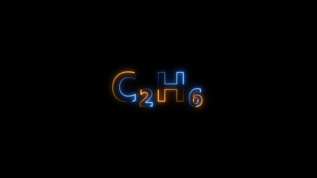 Neon ethane chemical formula c2 h6 glowing animation on black background, c2h6 chemistry science