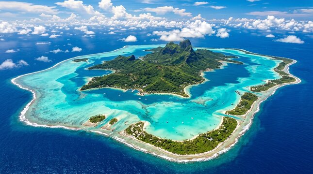 Stunning Aerial View of Bora Bora Island in French Polynesia Featuring Vibrant Turquoise Lagoon, Lush Green Mountains, Coral Reefs, and White Sandy Beaches Under a Bright Sunny Blue Sky Landscape