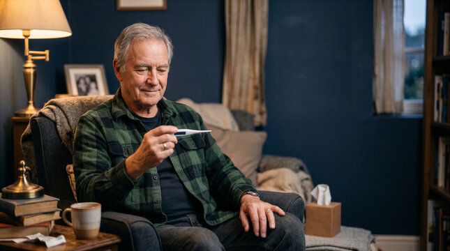 Senior man checking his temperature with a digital thermometer at home. Autumn cold, fever monitoring, flu symptoms and elderly healthcare concept.