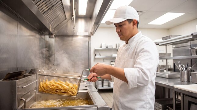 Chef frying french fries in commercial kitchen deep fryer basket