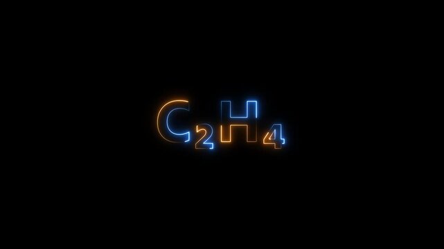 Ethylene c2 h4 chemical formula neon glowing sign animation on black background, c2h4 chemistry science