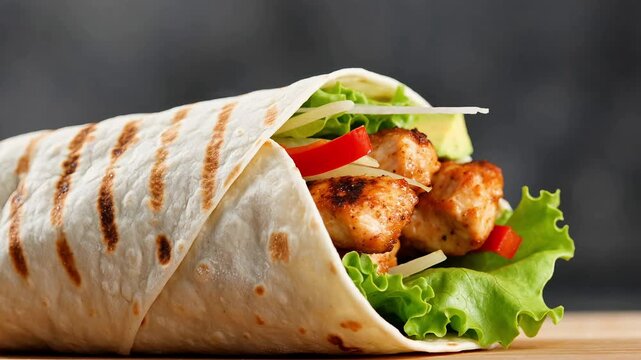 Delicious grilled chicken shawarma wrap with lettuce and tomatoes on wooden board