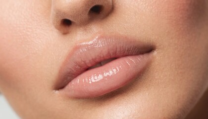 Naklejka premium Macro Close-Up of Woman's Full Lips with Natural Nude Lip Gloss