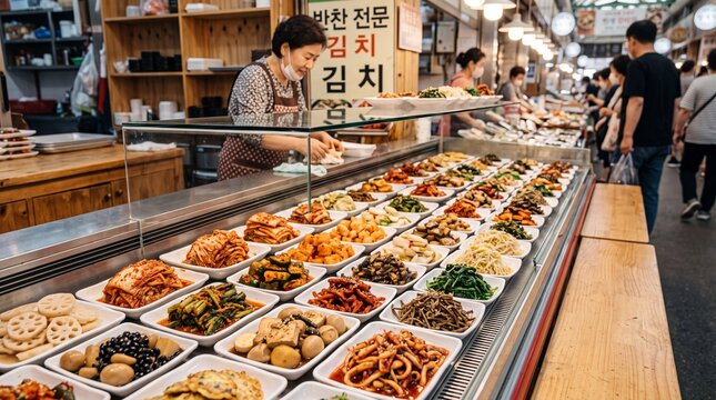 Korean market stall counter filled with colorful banchan side dishes under glass