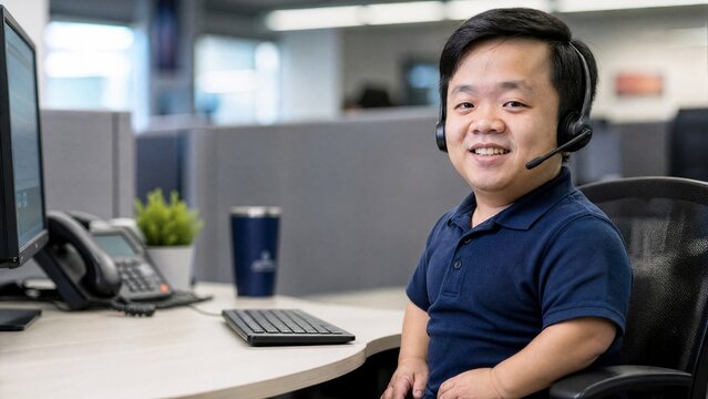 East Asian customer service agent with dwarfism with headset