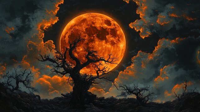 Full Hunter's Moon with clouds, eerie or spooky full moon for Halloween or fall