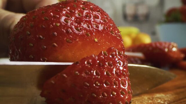 Extreme closeup of knife cutting through juicy strawberry
