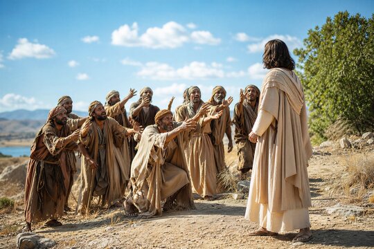 Ten Lepers Calling Out to Jesus for Healing in an Ancient Judean Desert Landscape.