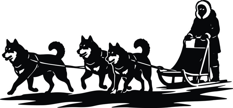 Black silhouette illustration of a person driving a dog sled team with multiple huskies pulling through a snowy landscape showcasing arctic transport and outdoor winter recreation