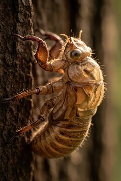 Cicada nymph exoskeleton clings to tree bark. Empty shell signifies insect metamorphosis, life cycle, natural change. Macro view detailed insect husk on wood surface, emergence, renewal.