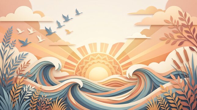 Paper Cut Ocean Sunrise Nature Landscape Background Illustration