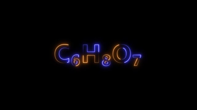 Citric acid chemical formula c6 h8 o7 neon glowing text animation on black background, c6h8o7 chemistry