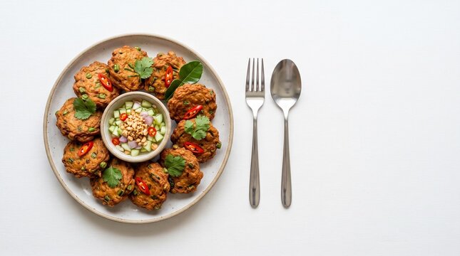 Traditional Thai Tod Mun Pla Fish Cakes Served with Fresh Cucumber Relish, Overhead Food Photography