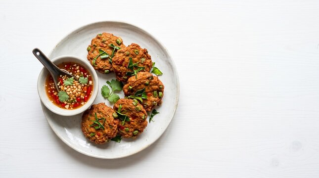 Traditional Thai Tod Mun Pla Fish Cakes Served with Fresh Cucumber Relish, Overhead Food Photography