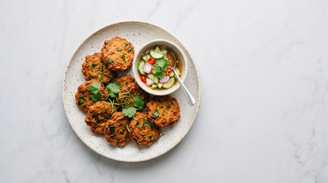 Authentic Thai Tod Mun Pla Fish Cakes with Sweet Cucumber Relish on White Background, Top View with Copy Space