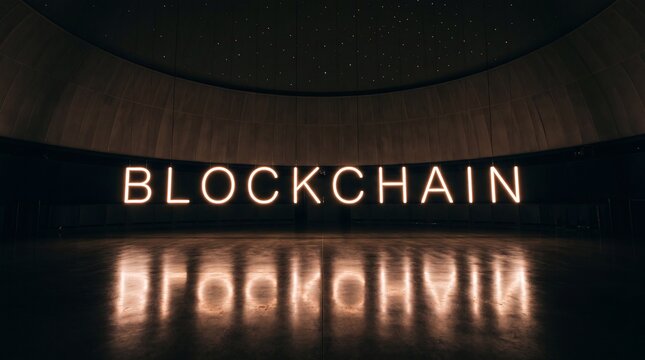 Leuchtende Lichtschrift Blockchain als schwebender Neon-Schriftzug in einem dunklen Planetarium in der Totale