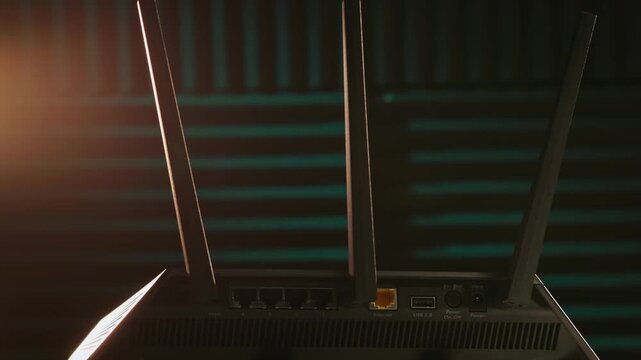 Slow motion detailed view of wireless internet router machine for antenna modem connection to online virtual world, with device having antennas, ethernet ports, usb, and computer 5g wifi connections
