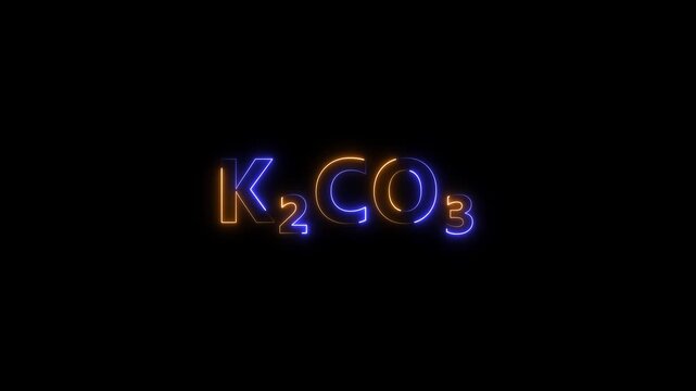 Potassium carbonate k2 co3 chemical formula neon glowing text animation on black background, k2co3 chemistry