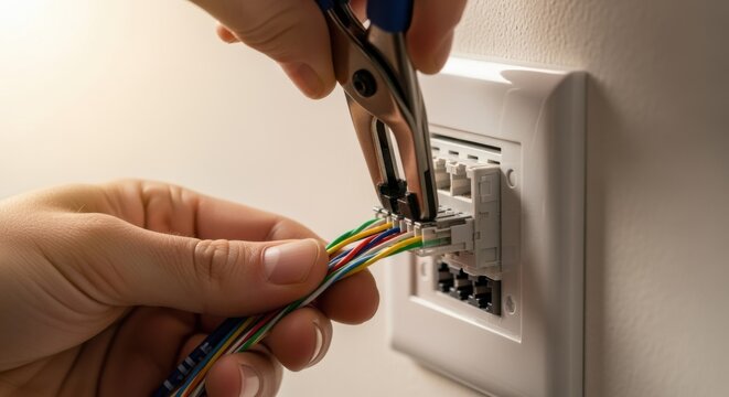 Hands performing a clean punchdown of twisted pair cables into an Ethernet keystone jack embedded in a wall plate.