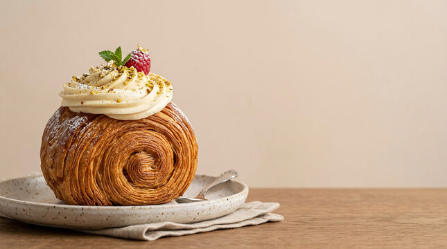 Artisan spiral croissant roll with vanilla cream swirl and fresh raspberry topping on a rustic table