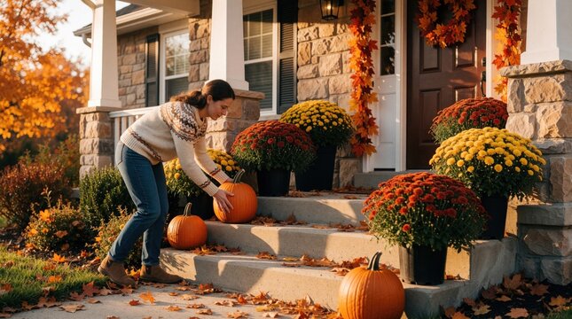 Young woman decorates suburban house porch with orange pumpkins, vibrant mums for autumn season. Female person places seasonal harvest on stpic near front door entrance outdoors. Cozy fall home