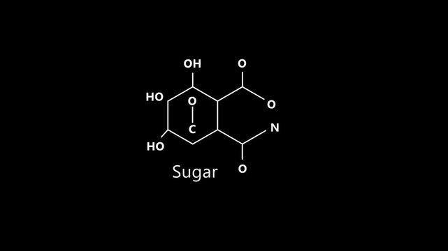 Chemical structure of sugar molecule diagram, educational science animation on black background chemistry