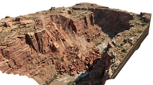 Isolated 3D render of a massive rockfall and canyon landslide disaster