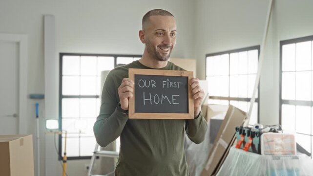 Man holding chalkboard that reads our first home amid packed cardboard boxes in a building; new home joy.