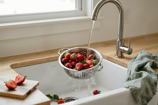 Fresh red strawberries being rinsed in a stainless steel colander under a running kitchen faucet in a white farmhouse sink on a wooden counter