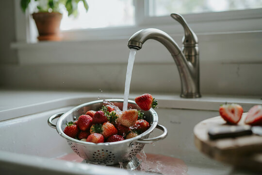 Fresh red strawberries being washed in a stainless steel colander under a running kitchen faucet in a white farmhouse sink with sliced fruit