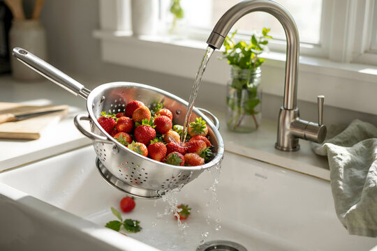 Fresh red strawberries being washed in a stainless steel colander held under a running kitchen faucet in a white farmhouse sink with mint