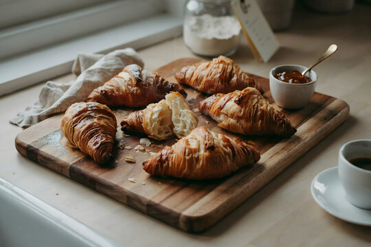 Freshly baked golden brown croissants on a wooden cutting board with a bowl of jam and a cup of coffee in a bright kitchen setting