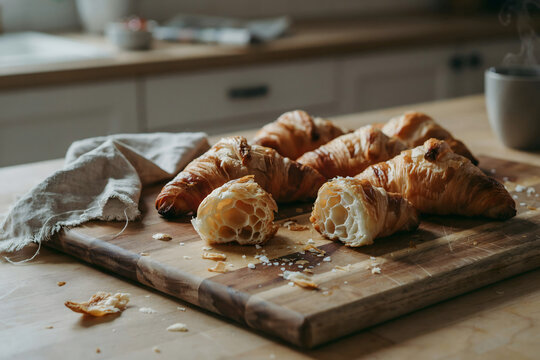 Freshly baked golden brown croissants on a wooden cutting board with a linen cloth and a cup in a bright kitchen setting during the morning