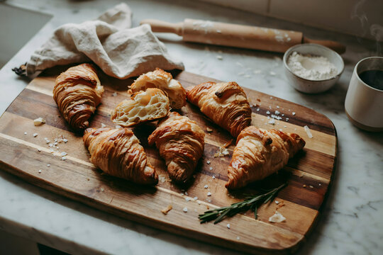 Freshly baked golden brown croissants on a wooden cutting board with a rolling pin and a bowl of flour in a bright kitchen atmosphere