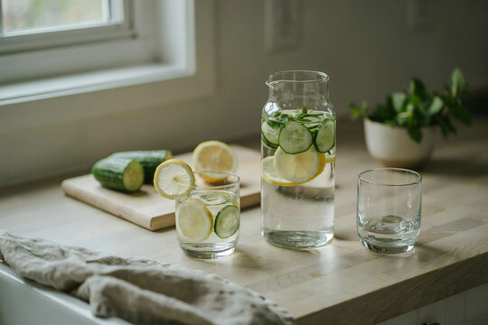 Glass pitcher and a drinking glass filled with cucumber and lemon infused water on a wooden kitchen counter with fresh ingredients and mint