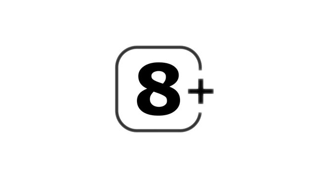 Black number eight inside a rounded square frame with a plus sign indicating age restriction for children on a white background
