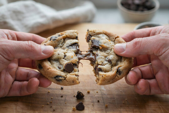 Hands pulling apart a warm chocolate chip cookie on a wooden board, showing melted chocolate center with a bowl of chocolate chips in background