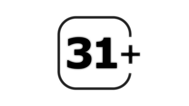 Black and white featuring the number thirty one followed by a plus sign enclosed within a rounded square frame on a white background