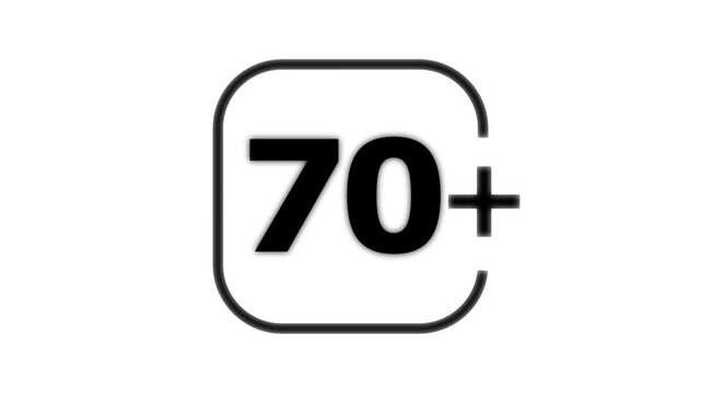 Black number seventy with a plus sign inside a rounded square frame on a white background for age restriction or rating symbol