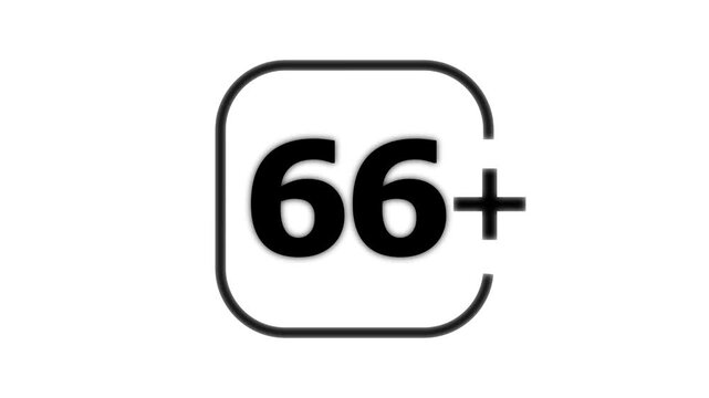 Black number sixty six with a plus sign inside a rounded square frame on a white background for age restriction or rating symbol