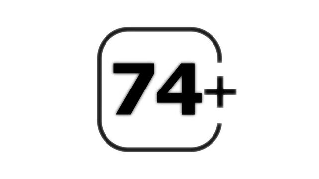 Black number seventy four with a plus sign inside a rounded square frame on a white background for age restriction or rating labels